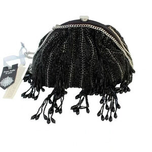 New Black Cocktail Formal Dangle Bead Chain Handle Clutch Shoulder Evening Purse